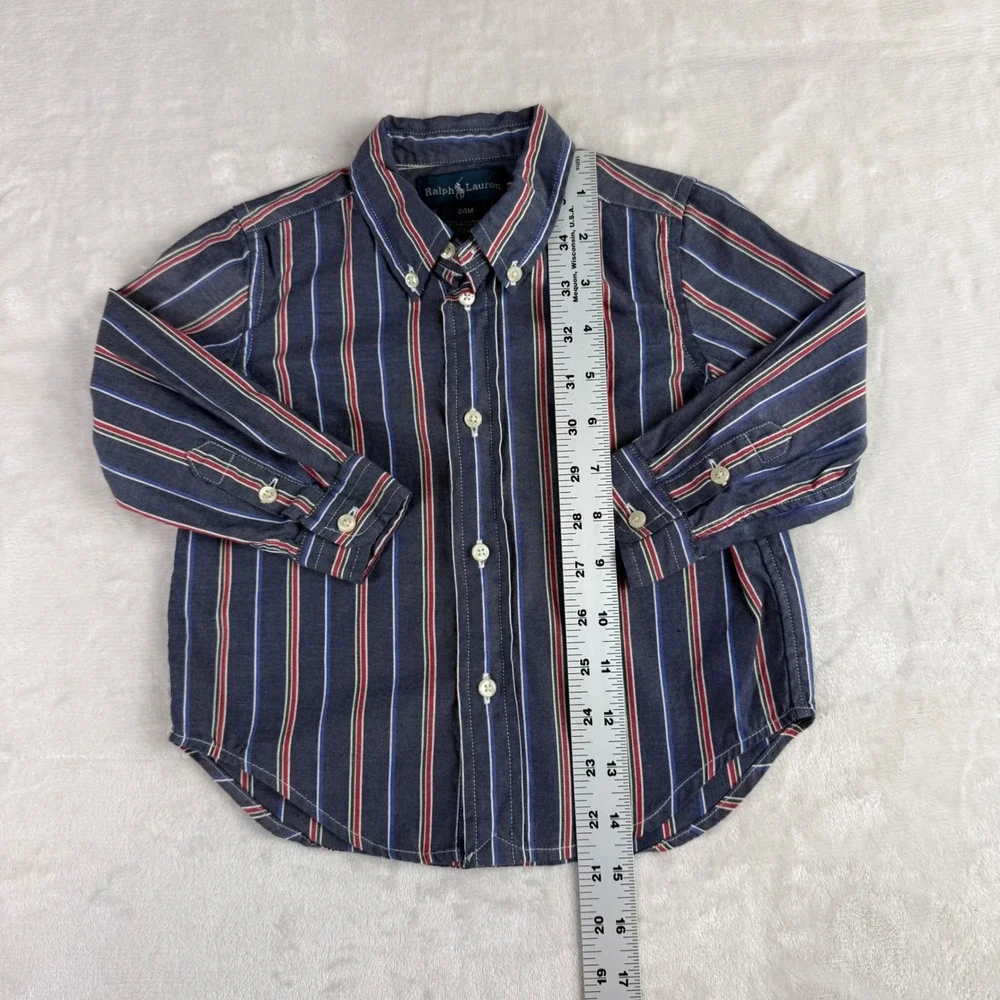 Ralph Lauren‎ Button Down Shirt Kids 24M Navy Blue Striped Preppy Long Sleeve
